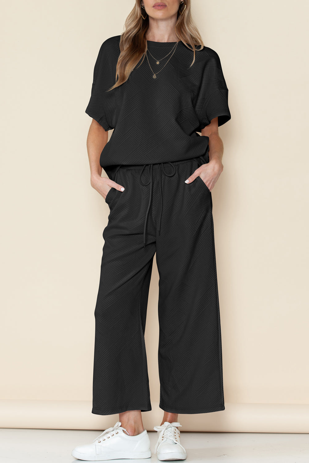 6 Color Choices -  Textured Loose Fit T Shirt and Drawstring Pants Set