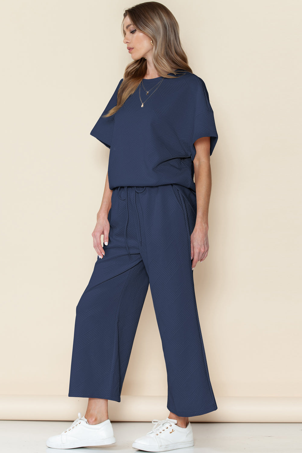 6 Color Choices -  Textured Loose Fit T Shirt and Drawstring Pants Set