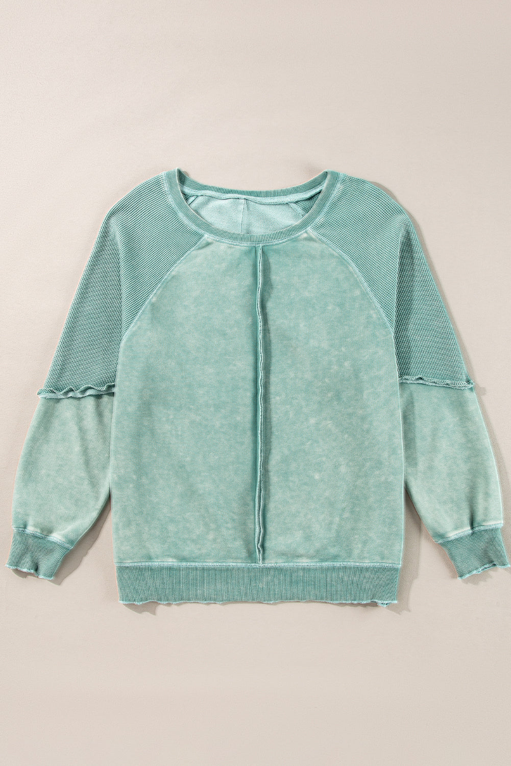 Mineral Blue Waffle Patchwork Raglan Sleeve Exposed Seam Sweatshirt