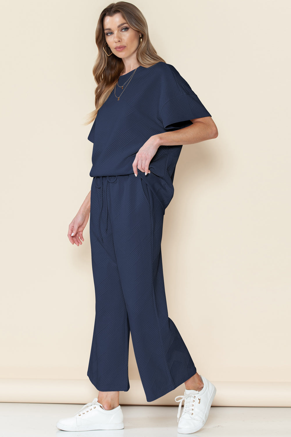 6 Color Choices -  Textured Loose Fit T Shirt and Drawstring Pants Set