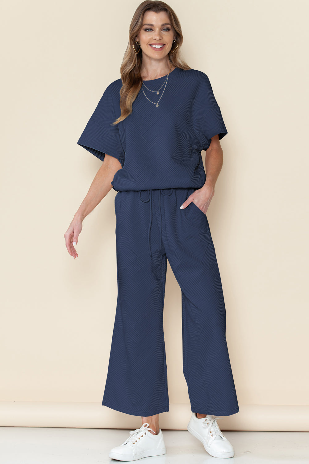 6 Color Choices -  Textured Loose Fit T Shirt and Drawstring Pants Set