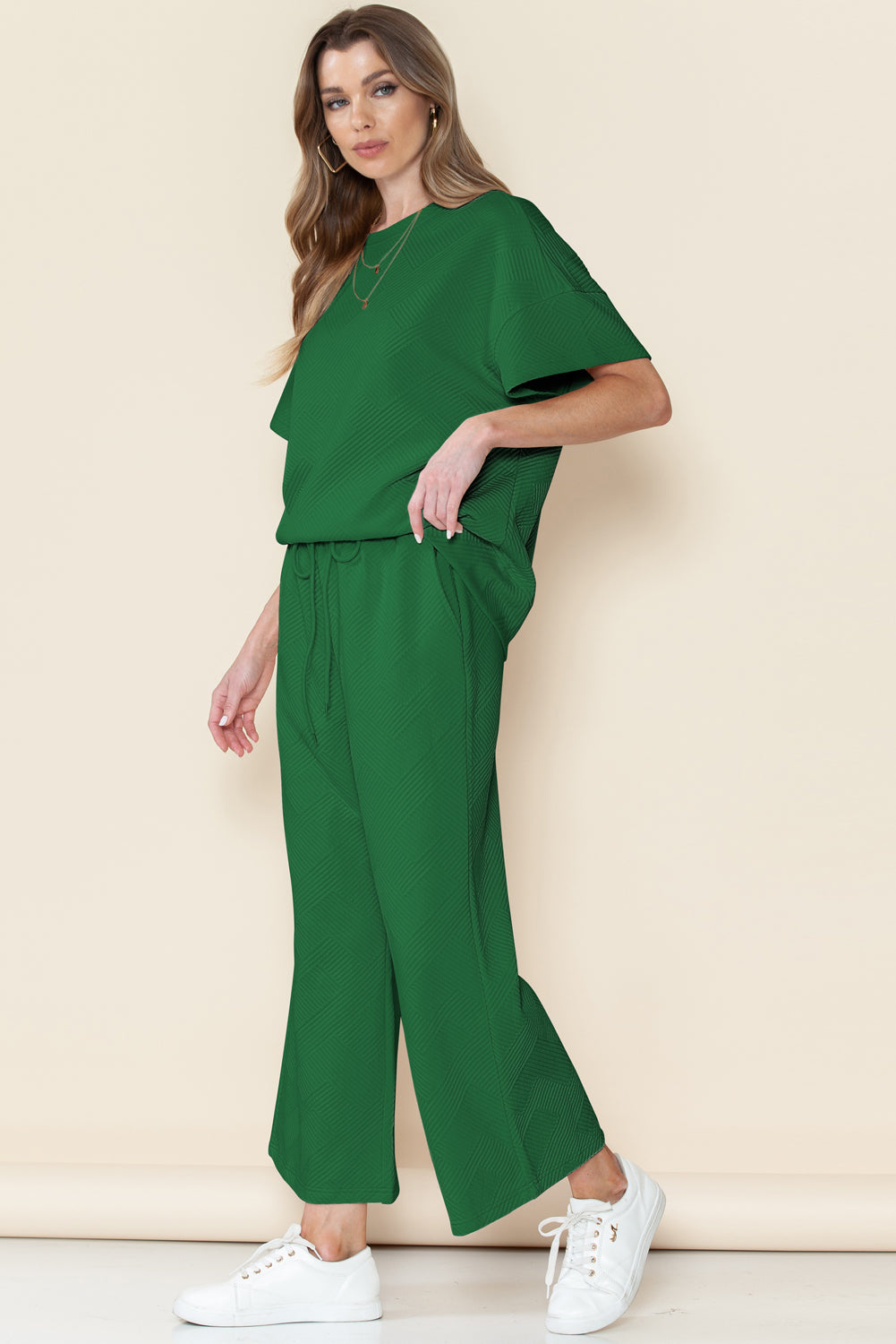 6 Color Choices -  Textured Loose Fit T Shirt and Drawstring Pants Set