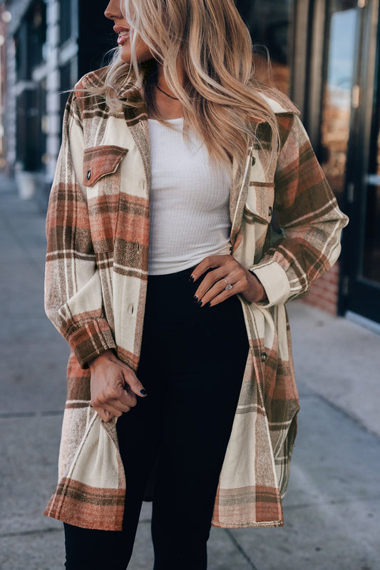 Brown Plaid Casual Button Up Long Shacket with Flap Pockets