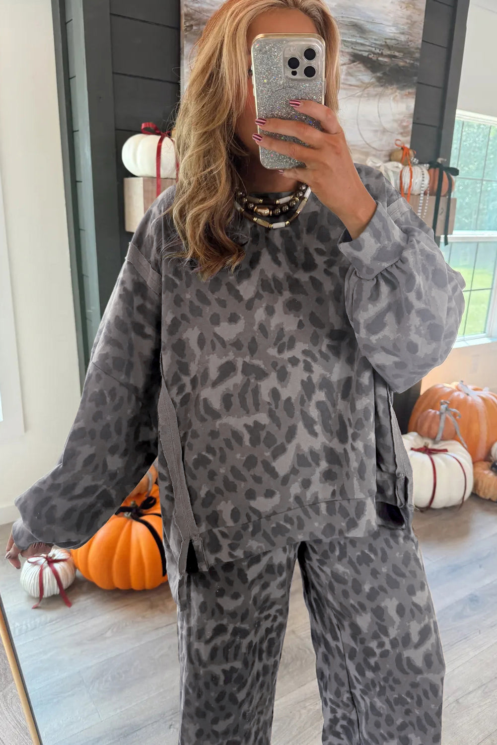 Gray Allover Leopard Print Pullover Drawstring Loose Pants Set