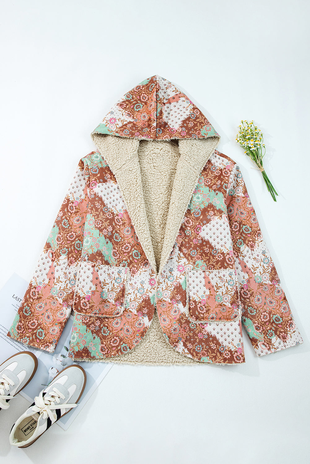 Khaki Vintage Paisley Floral Printed Sherpa Lined Hooded Jacket
